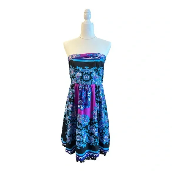 Rubber‎ Ducky Productions Y2K Western Boho Strapless Paisley Print Mini Dress M - Picture 2 of 7